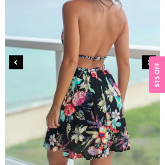Black Floral Halter Neck Short Dress - Picture 2 of 2